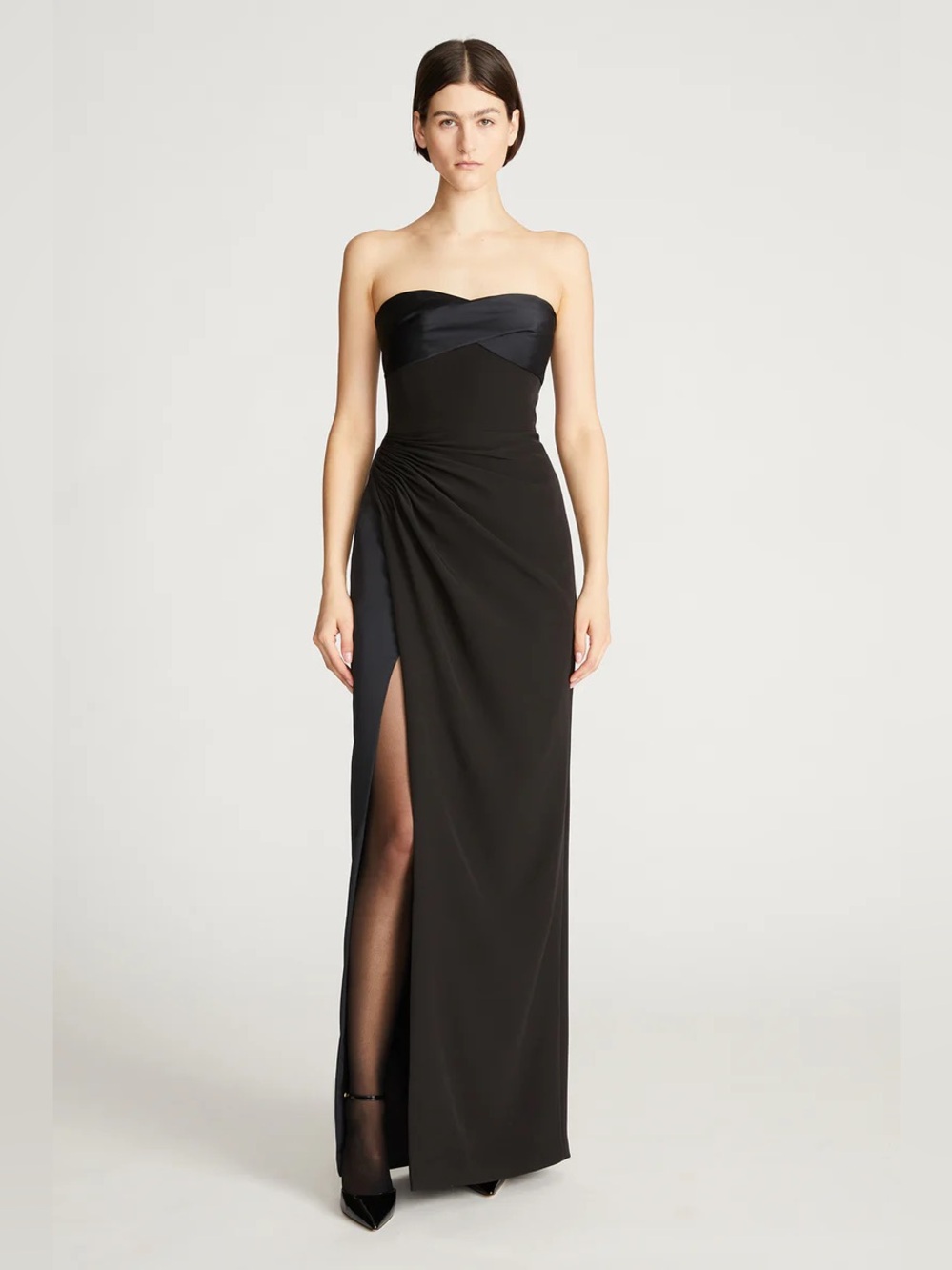 Halston Esther Strapless Black Evening Gown with Front Slit